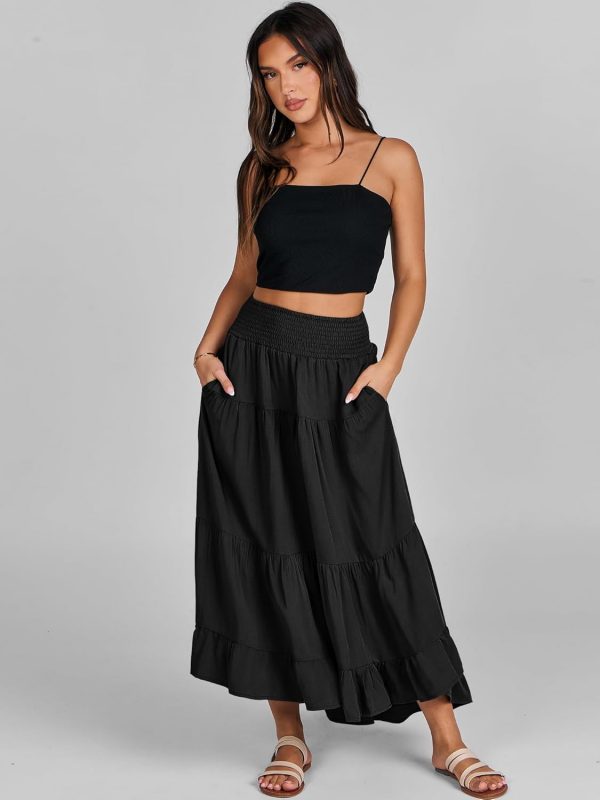 Women Summer Maxi Skirt Elastic High Waist Flowy Boho Casual Tiered Aline Long Beach Skirts 2025 Trendy Outfits - Image 3