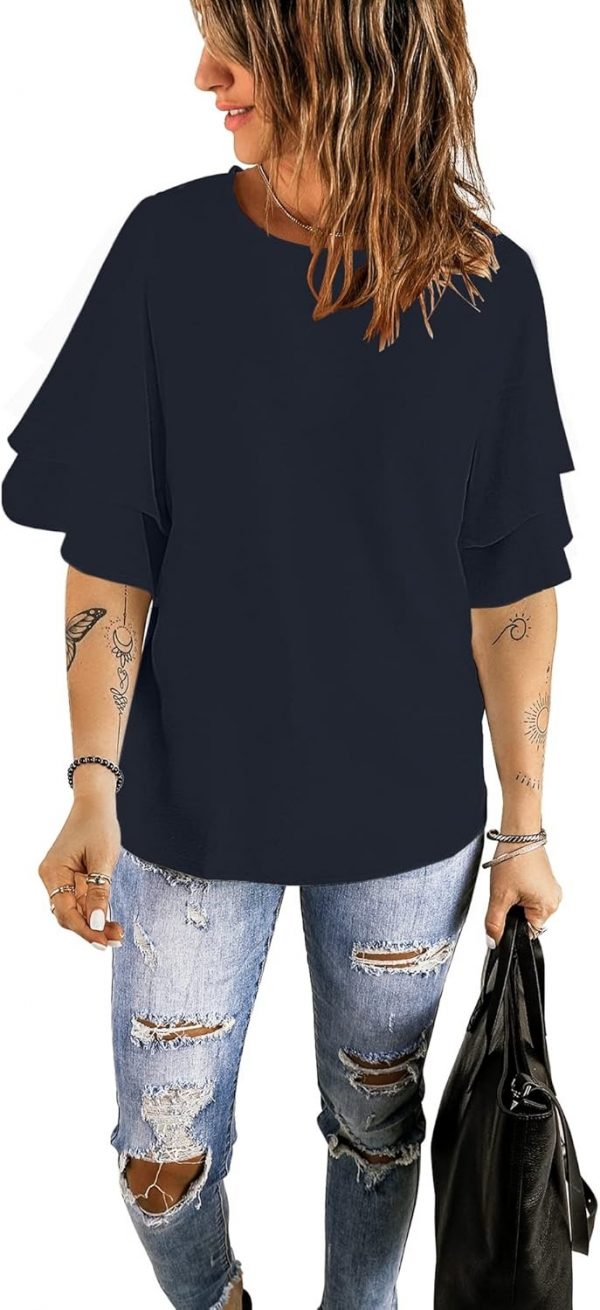 Women's Casual 3/4 Tiered Bell Sleeve Crewneck Loose Tops Blouses Shirt - Image 3