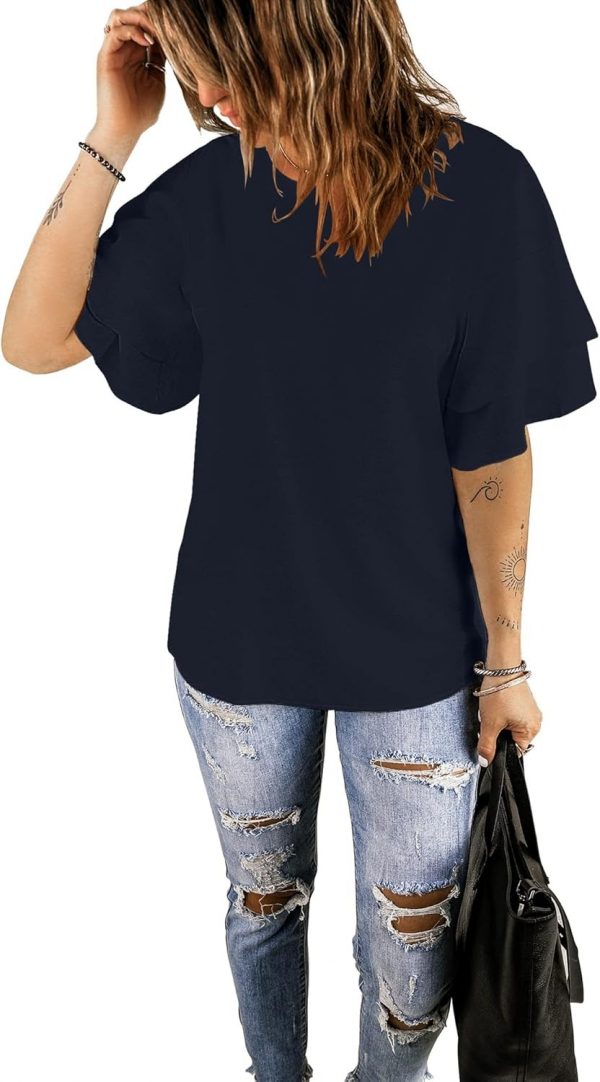 Women's Casual 3/4 Tiered Bell Sleeve Crewneck Loose Tops Blouses Shirt - Image 2