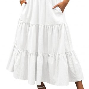 Women’s Summer Boho Flowy Swing Tiered A-Line Maxi Skirt 2025 Fashion Trendy Elastic Waist Pleated Long Beach Dress