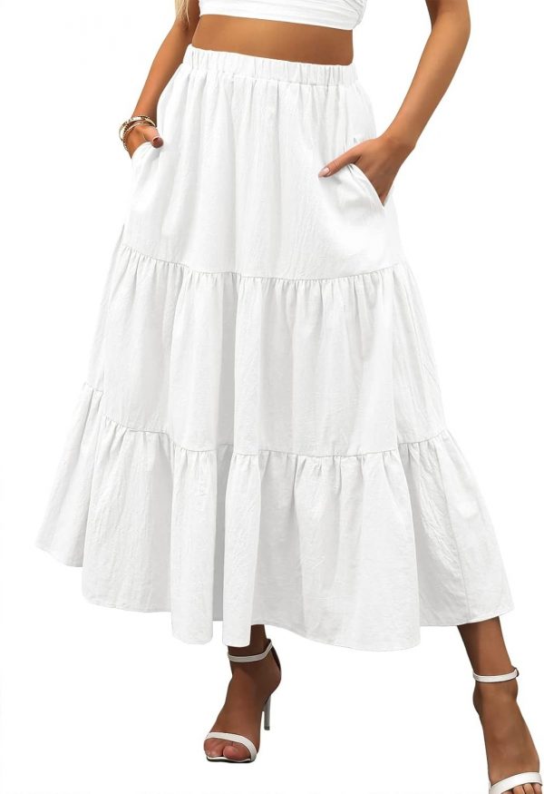 Women’s Summer Boho Flowy Swing Tiered A-Line Maxi Skirt 2025 Fashion Trendy Elastic Waist Pleated Long Beach Dress