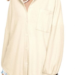 Womens Ribbed Knit Shacket Jacket Casual Long Sleeve Button Down Shirts Dressy Blouses Tops