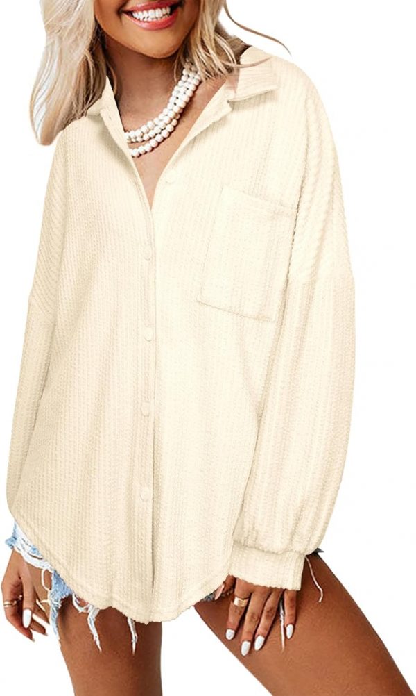 Womens Ribbed Knit Shacket Jacket Casual Long Sleeve Button Down Shirts Dressy Blouses Tops