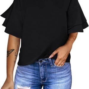 Women's Casual 3/4 Tiered Bell Sleeve Crewneck Loose Tops Blouses Shirt