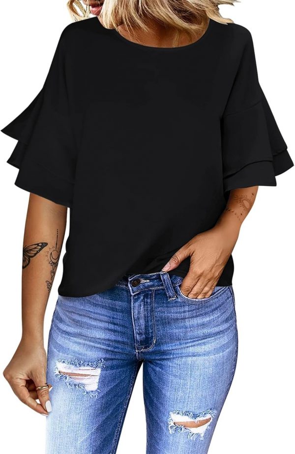 Women's Casual 3/4 Tiered Bell Sleeve Crewneck Loose Tops Blouses Shirt