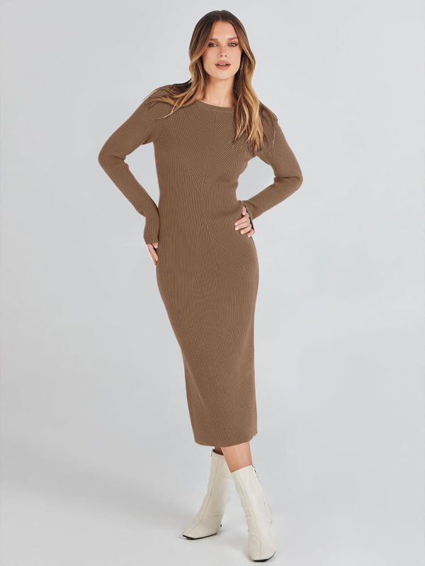 Women Long Sleeve Crewneck Sweater Dress Ribbed Knit Stretch Slim Fit Bodycon Midi Dresses Fall Fashion Outfits