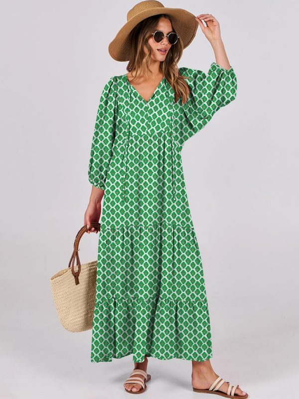 Womens Boho Maxi Dresses 2025 Summer V Neck Puff Sleeve Floral Flowy Swing Casual Long Dress - Image 2