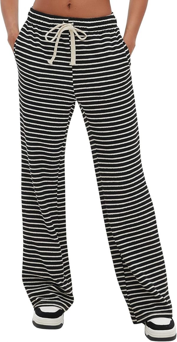 Womens Wide Leg Sweatpants Stripe Print Yoga Pants Comfy Lounge Baggy Drawstring Trousers with Pockets