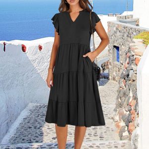 Womens Summer Dress Ruffle Sleeve V Neck Midi Dresses Fashion Casual Fit Flowy Tiered Boho Beach Vacation Sundress