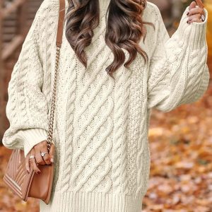 Women Long Sleeve Oversized Cable Knit Chunky Baggy Loose Pullover Tunic Mini Sweater Dress 2025 Trendy Fall Outfits