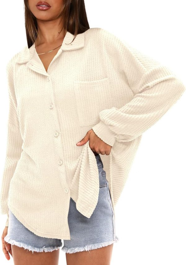 Womens Ribbed Knit Shacket Jacket Casual Long Sleeve Button Down Shirts Dressy Blouses Tops - Image 3