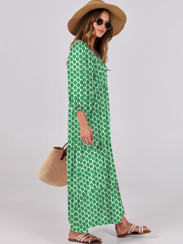 Womens Boho Maxi Dresses 2025 Summer V Neck Puff Sleeve Floral Flowy Swing Casual Long Dress - Image 3