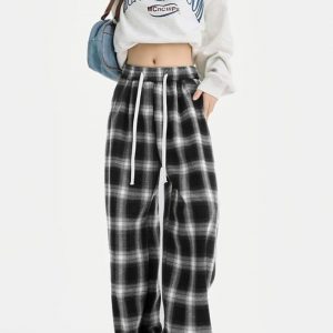 Women's Lounge Pants Plaid Teen Clothing Comfy Baggy Trendy Cute Drawstring Waist with Pockets