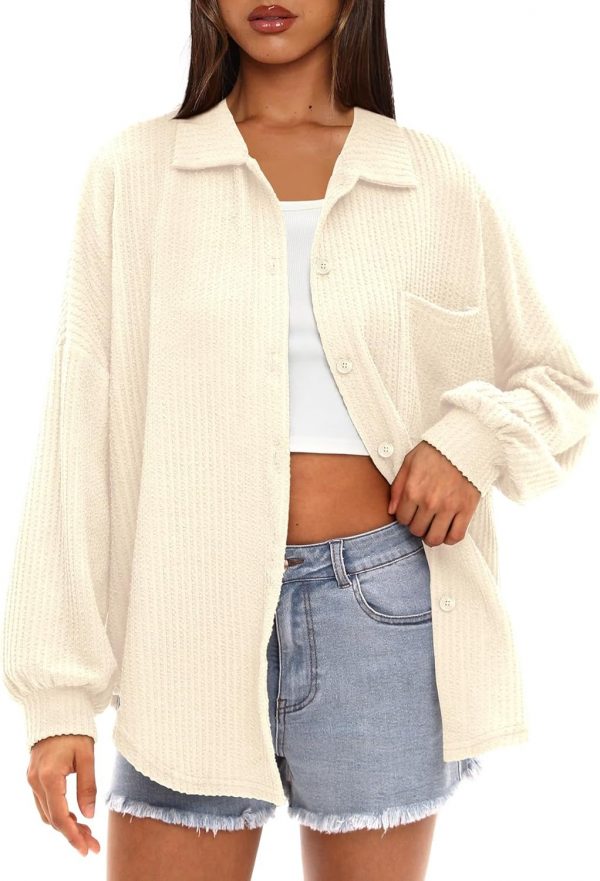 Womens Ribbed Knit Shacket Jacket Casual Long Sleeve Button Down Shirts Dressy Blouses Tops - Image 2