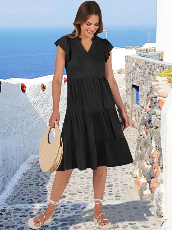 Womens Summer Dress Ruffle Sleeve V Neck Midi Dresses Fashion Casual Fit Flowy Tiered Boho Beach Vacation Sundress - Image 3
