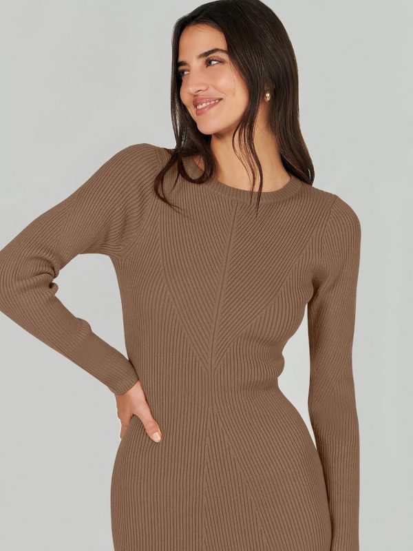 Women Long Sleeve Crewneck Sweater Dress Ribbed Knit Stretch Slim Fit Bodycon Midi Dresses Fall Fashion Outfits - Image 4