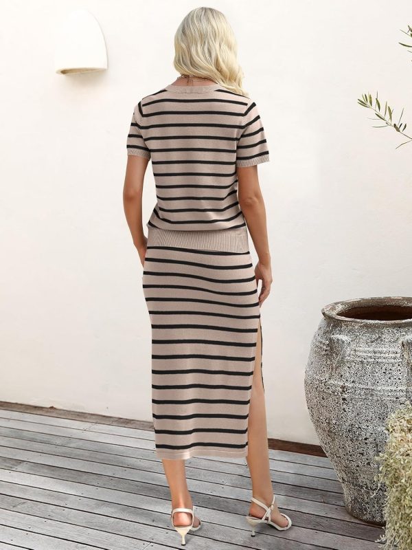 Womens 2 Piece Outfits Striped Sweater Skirt Sets 2025 Summer Casual Short Sleeve Pullover Tops Travel Midi Dress - Image 3