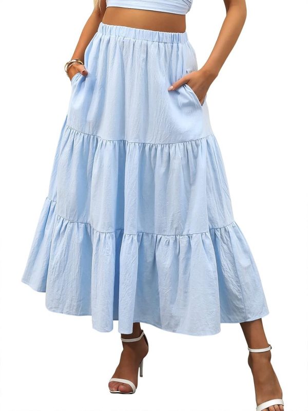 Women’s Summer Boho Flowy Swing Tiered A-Line Maxi Skirt 2025 Fashion Trendy Elastic Waist Pleated Long Beach Dress - Image 3