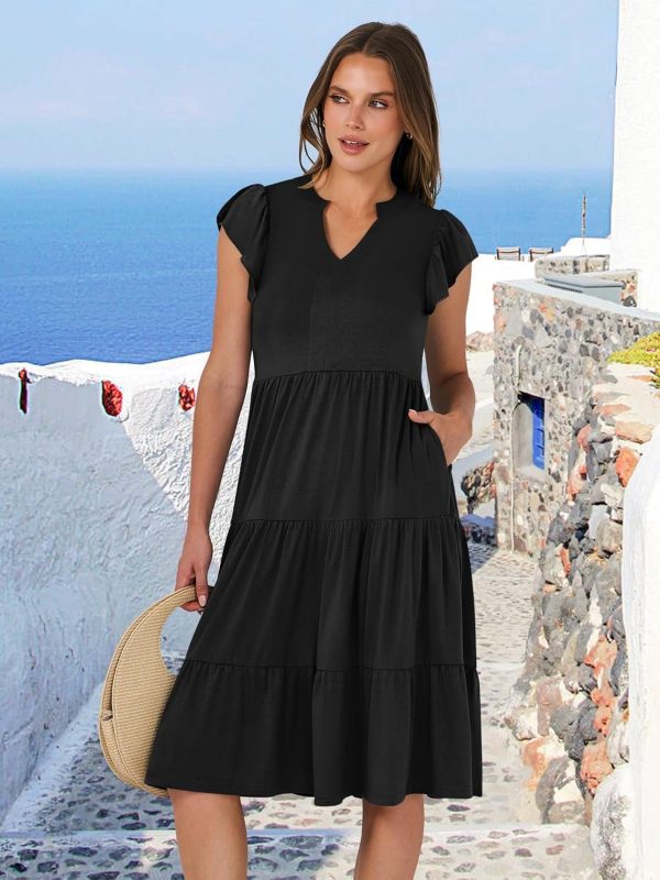 Womens Summer Dress Ruffle Sleeve V Neck Midi Dresses Fashion Casual Fit Flowy Tiered Boho Beach Vacation Sundress - Image 2