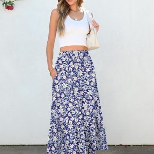 Maxi Skirts for Women 2025 Summer Boho Long Flowy Floral Elastic High Waist Skirt Casual Travel Skirt with Pockets