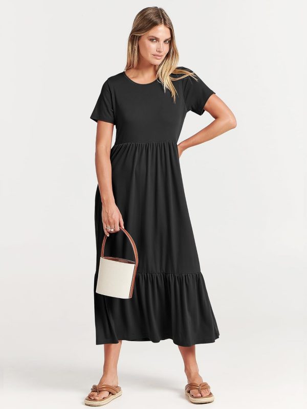 Womens 2025 Summer Casual Maxi Dress A line Tiered Flowy Short Sleeve Crewneck T Shirt Beach Travel Long Dresses - Image 2