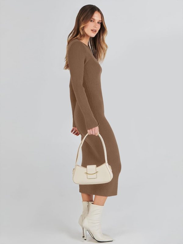 Women Long Sleeve Crewneck Sweater Dress Ribbed Knit Stretch Slim Fit Bodycon Midi Dresses Fall Fashion Outfits - Image 2