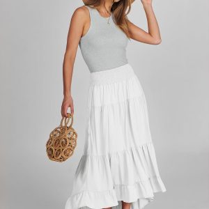 Women Summer Maxi Skirt Elastic High Waist Flowy Boho Casual Tiered Aline Long Beach Skirts 2025 Trendy Outfits