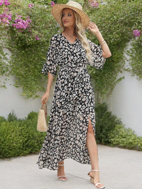 Women’s Summer Loose Boho Flowy Wrap V Neck 3/4 Sleeve Floral Print Slit Beach Wedding Guest Long Maxi Dresses - Image 2