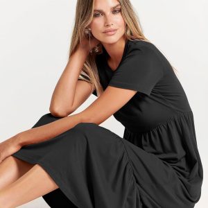 Womens 2025 Summer Casual Maxi Dress A line Tiered Flowy Short Sleeve Crewneck T Shirt Beach Travel Long Dresses