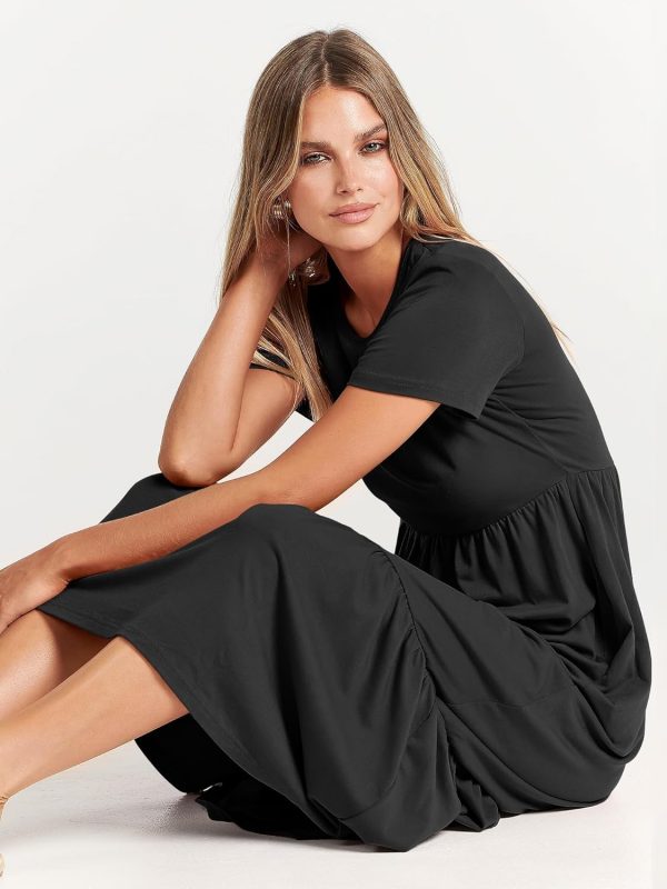 Womens 2025 Summer Casual Maxi Dress A line Tiered Flowy Short Sleeve Crewneck T Shirt Beach Travel Long Dresses